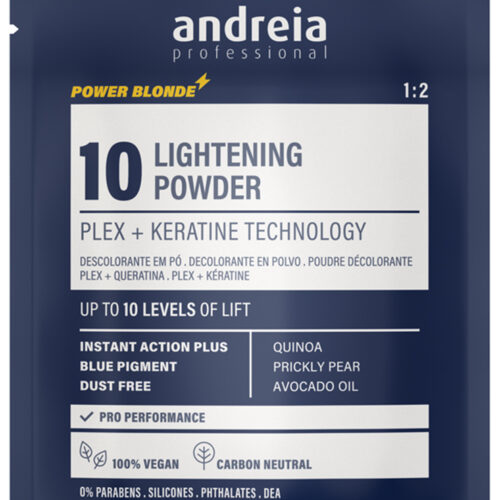 Andreia Power Blonde Polvo Decolorante de 10 Tonos 30GR, Decolorante capilar Andreia Professional Polvo decolorante azul Aclarado 10 tonos Decolorante Plex Decoloración vegana Sobre monodosis 30g Productos de peluquería Decolorante no volátil Mechas y balayage